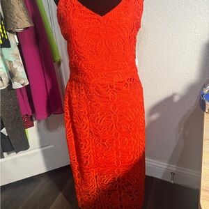 Bisou Bisou Vibrant Orange Lace Midi Dress
